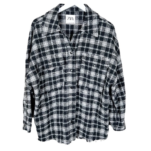 Zara Textured Tweed Plaid Oversized Button Up Shacket Over Shirt Womens Large - Picture 1 of 9